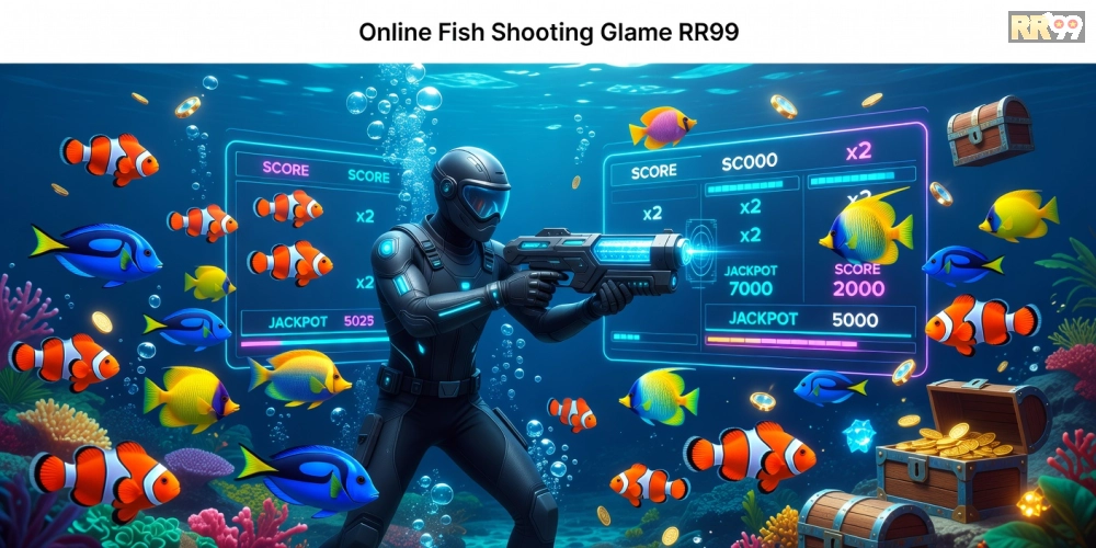 Minh họa khái niệm bắn cá online rr99 với giao diện game sống động và người chơi đang săn thưởng