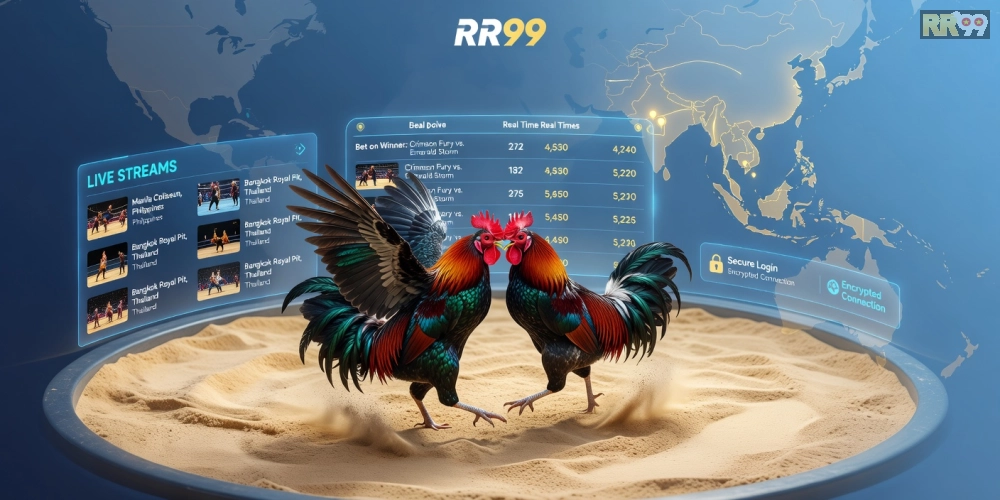 Minh họa khái niệm đá gà quốc tế rr99 với trường đấu hiện đại và giao diện cá cược trực tuyến