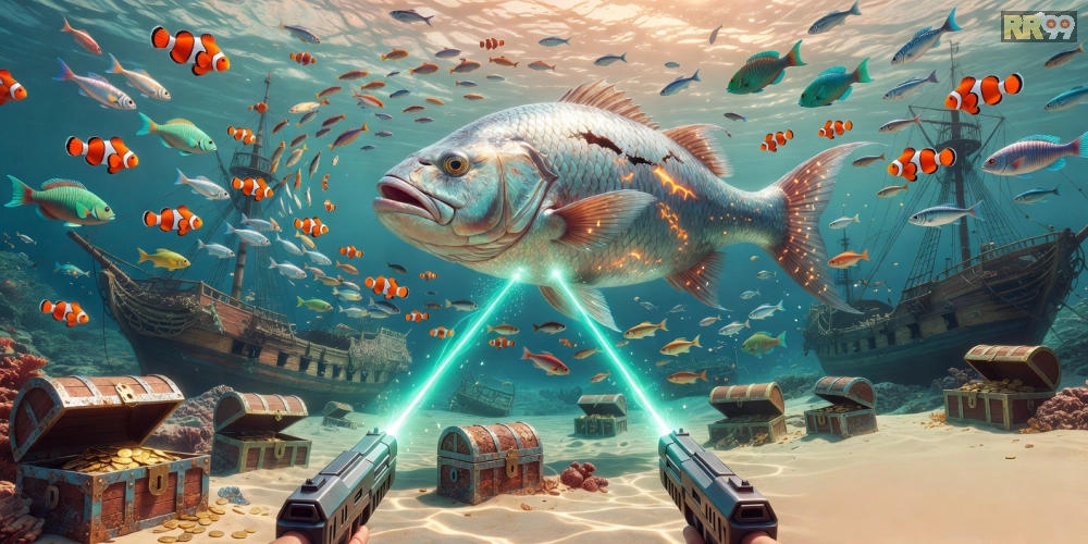 Hình ảnh gameplay Đại Dương Bắn Cá với cá boss và súng laser mạnh mẽ