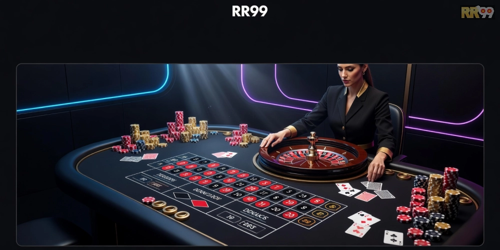 Minh họa giao diện live casino rr99 với dealer chuyên nghiệp và bàn chơi sôi động