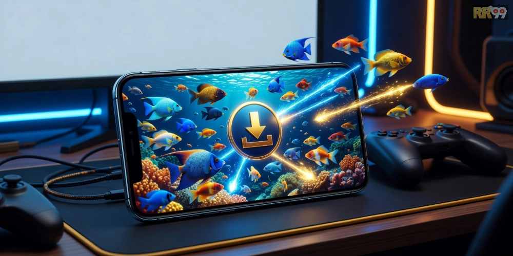Hình minh họa giao diện tải và chơi game bắn cá online RR99 với đồ họa sống động