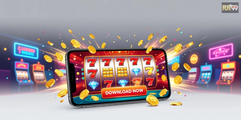 Minh họa khái niệm tải game nổ hũ rr99 với giao diện slot machine hiện đại
