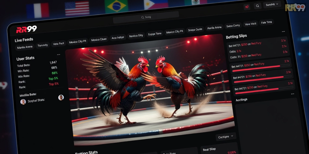 Giao diện trang web đá gà quốc tế rr99 với các trận đấu đang livestream và tùy chọn đặt cược