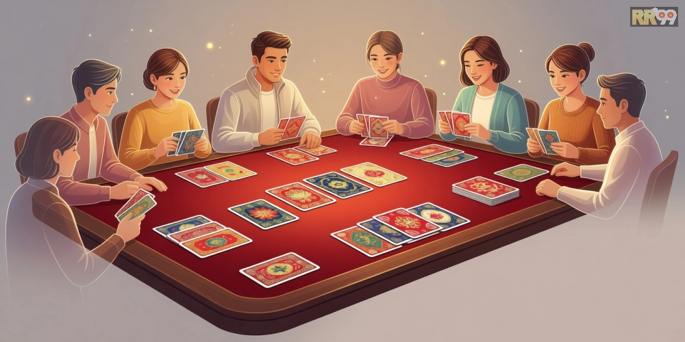 Hình ảnh minh họa trò chơi Phỏm trên nền tảng rr99 với bàn chơi ảo và người chơi tương tác.